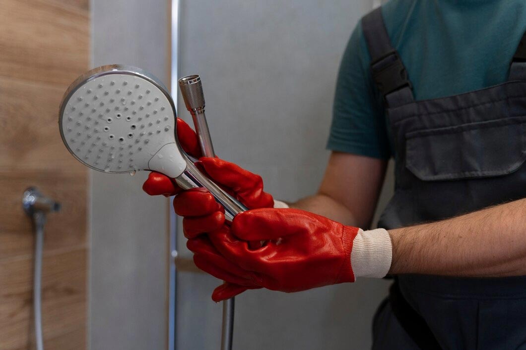 Shower repair technician inspecting a handheld showerhead