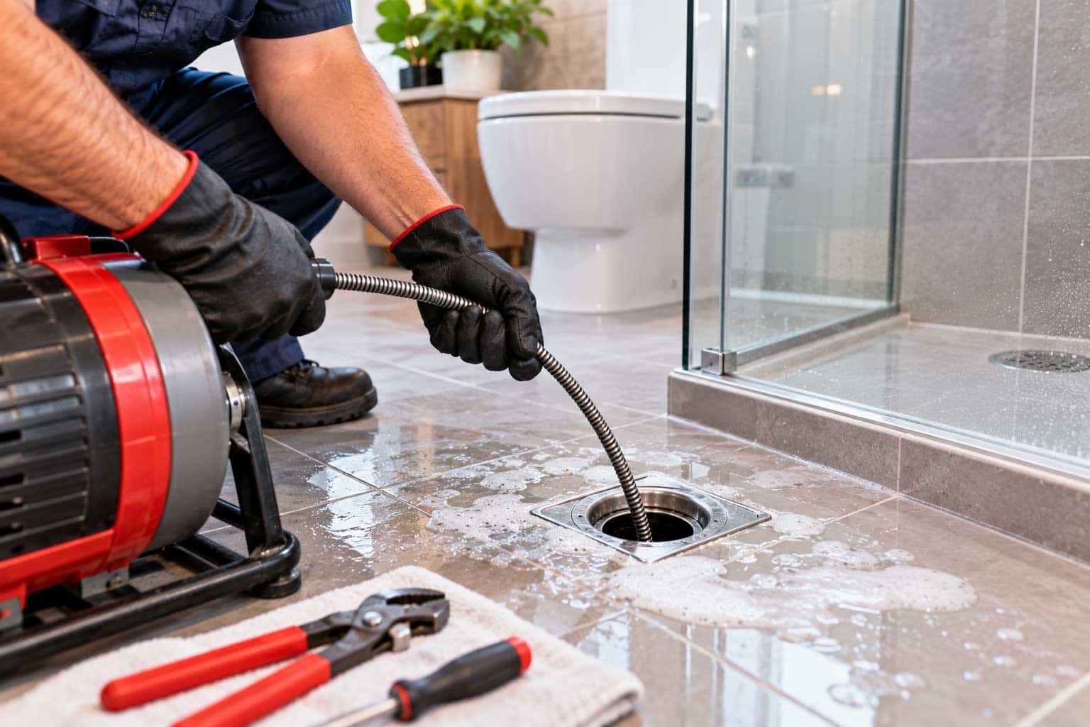 Professional plumber using a drain auger to clean a clogged bathroom floor drain in a modern tiled bathroom