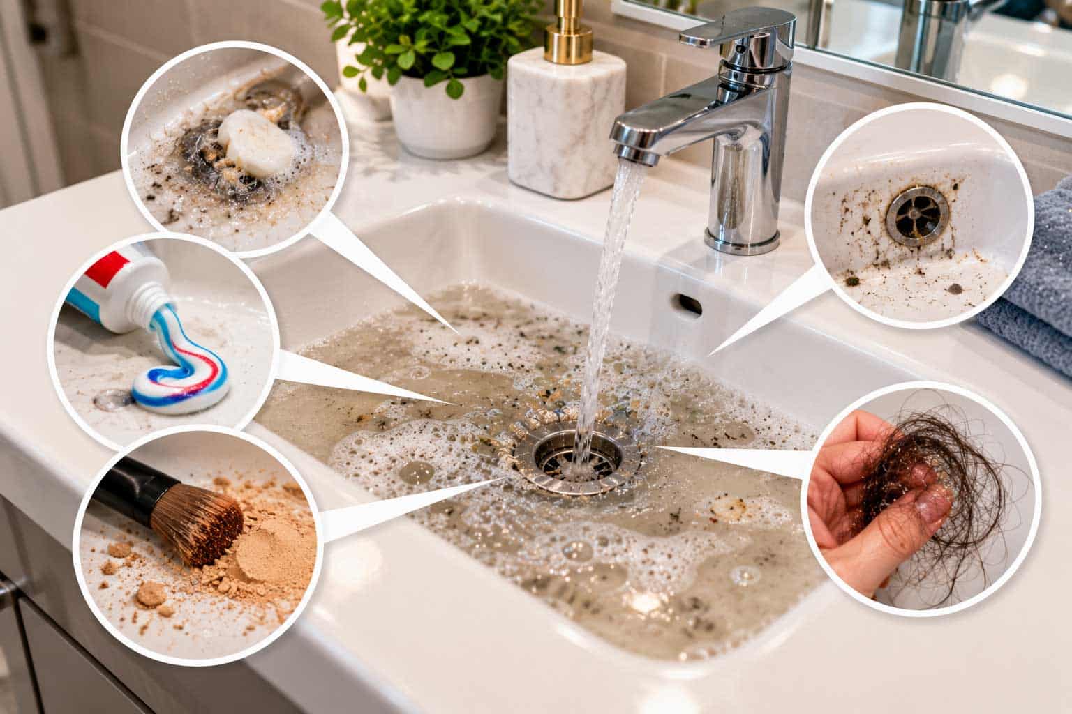 Realistic blocked bathroom sink filled with soapy water and debris, showing common causes including soap scum, toothpaste, makeup residue, grime, and hair.