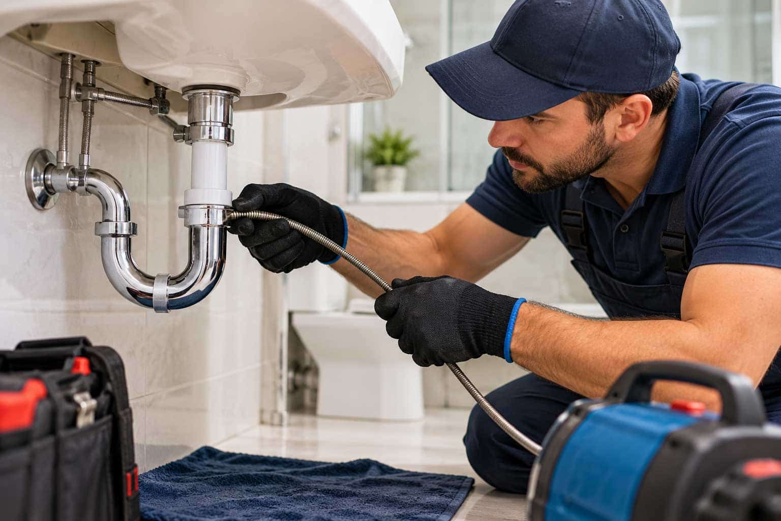 Plumber using a drain snake to unclog and maintain a bathroom sink drain.